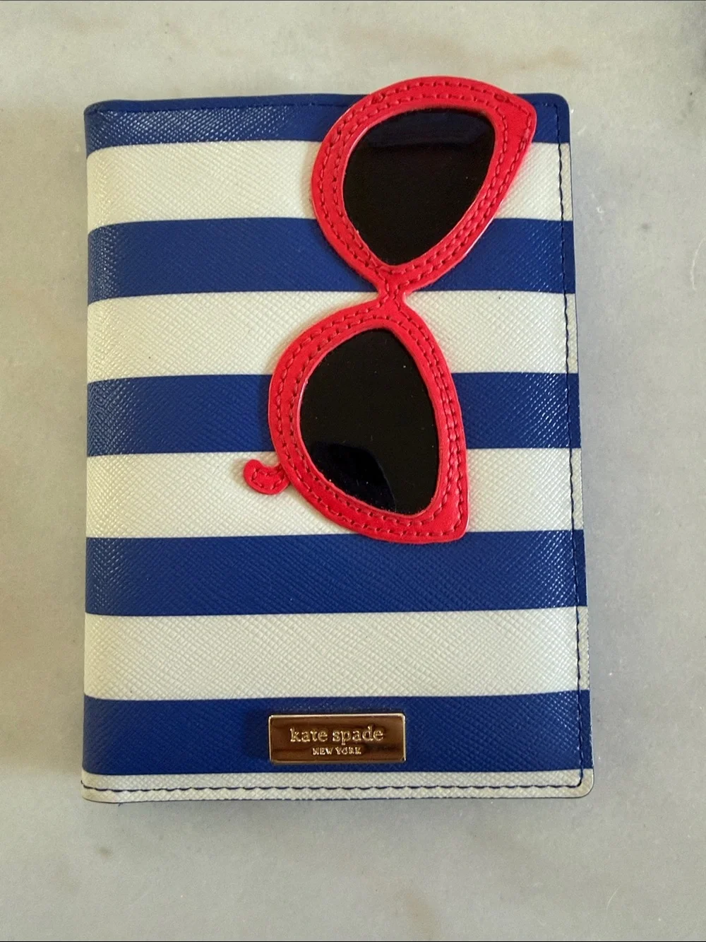 Kate Spade Blue & White Stripe Passport Cover with Red Sunglasses Accent