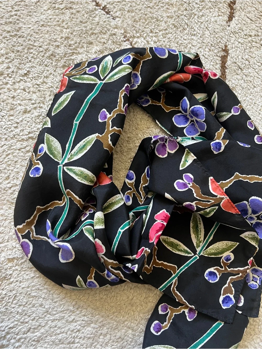 VTG Japanese Batik Floral Silk Long Scarf Black Cherry Blossom Vine Long 60