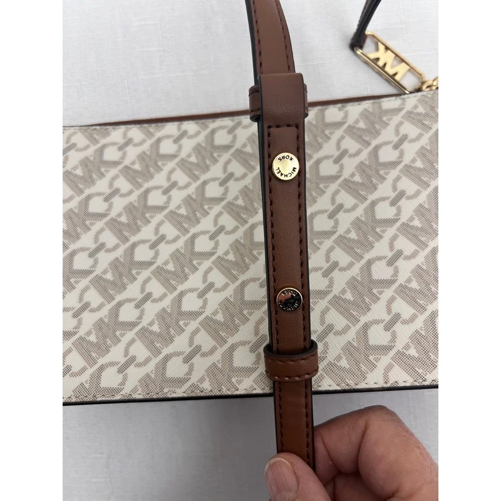 Michael Kors Crossbody Bag Women Small Brown Excellent Logo Print Gold Hardware