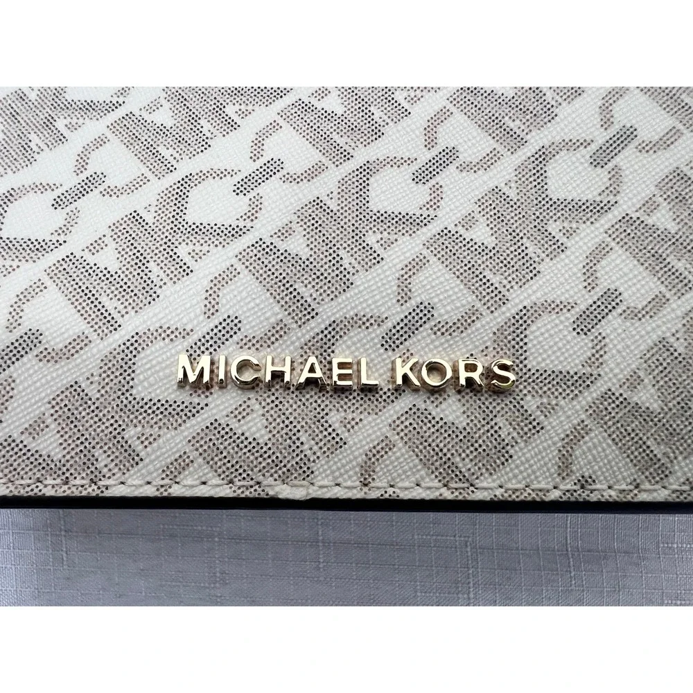 Michael Kors Crossbody Bag Women Small Brown Excellent Logo Print Gold Hardware