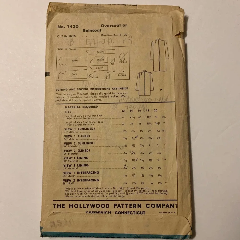 Hollywood Vintage Pattern #1430 Women's‎ Overcoat/Raincoat Sizes 12-20
