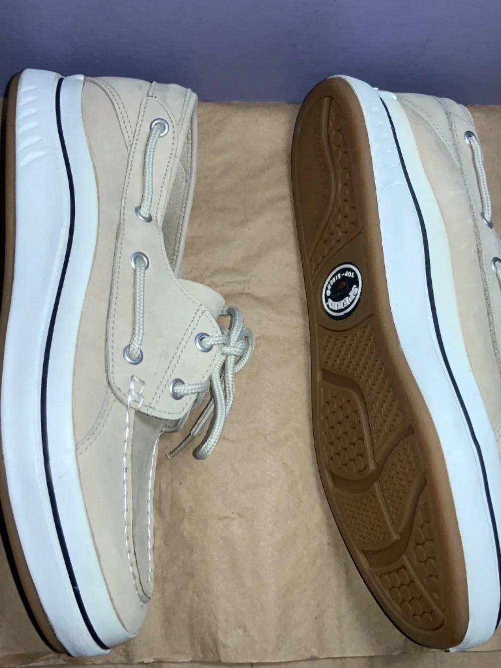 Sperry Top Sider off white leather boat shoes loafers Sz 9.5M lace up