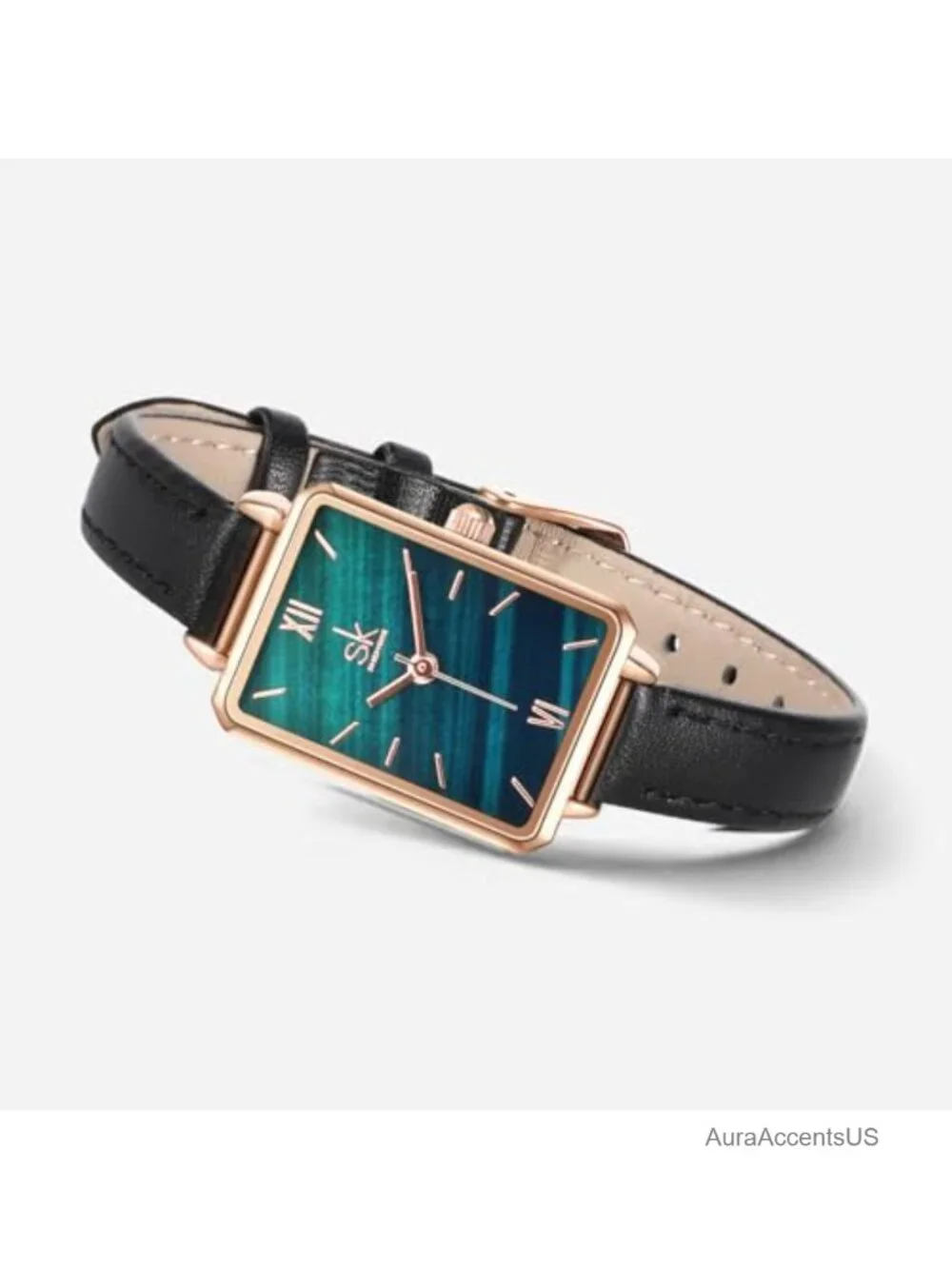 Dainty Women's Wrist Watch with Green Malachite Dial, Genuine Leather Strap,
