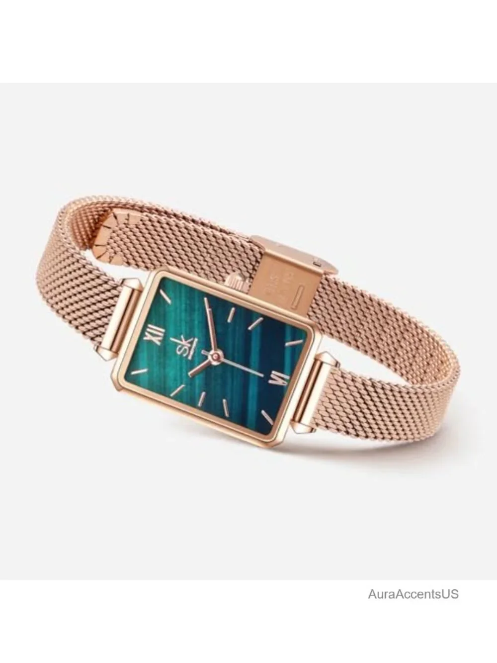 Dainty Women's Wrist Watch with Green Malachite Dial, Genuine Leather Strap,