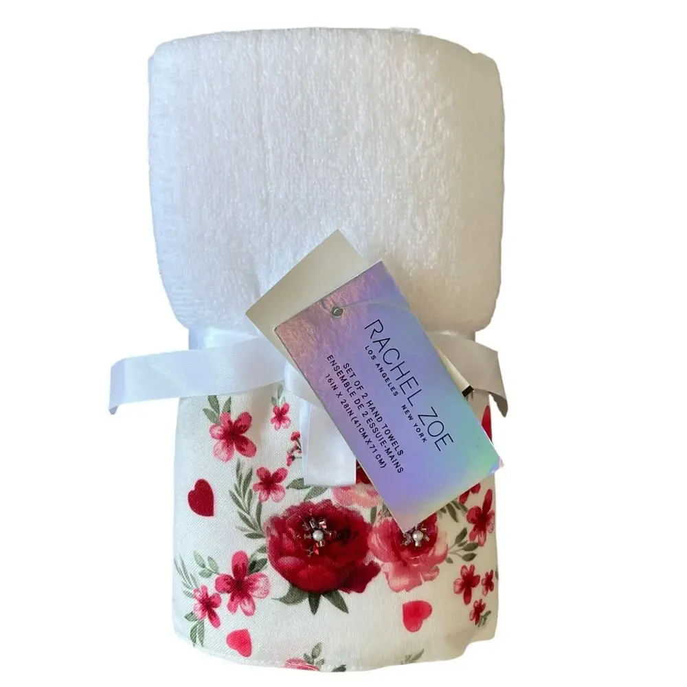 Rachel Zoe Hand Towels FLOWERS & HEARTS 18x28 Cotton Valentines Day Set of 2 NEW