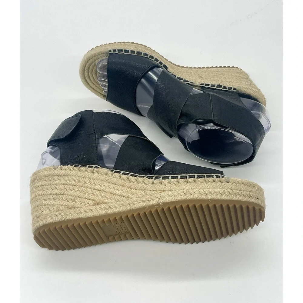 Eileen Fisher Willow Wedge Leather Espadrilles 6.5 Black Minimalist Shoes New