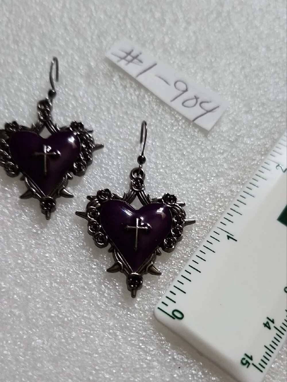 Hand Crafted Purple Heart Cross Dangle Earrings with Floral Frame