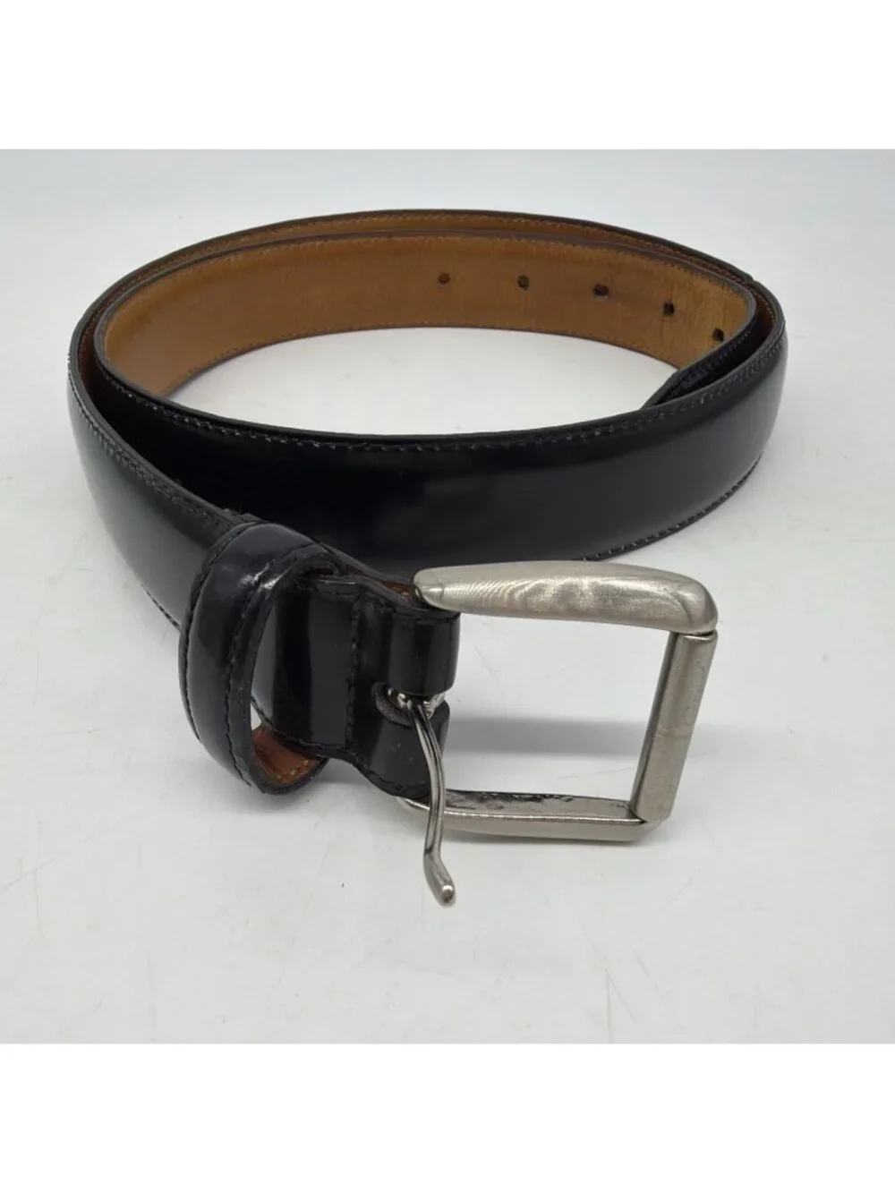 Cole Haan Black Leather Belt Solid Brass Silver Tone Buckle Men’s 34/85 Made USA
