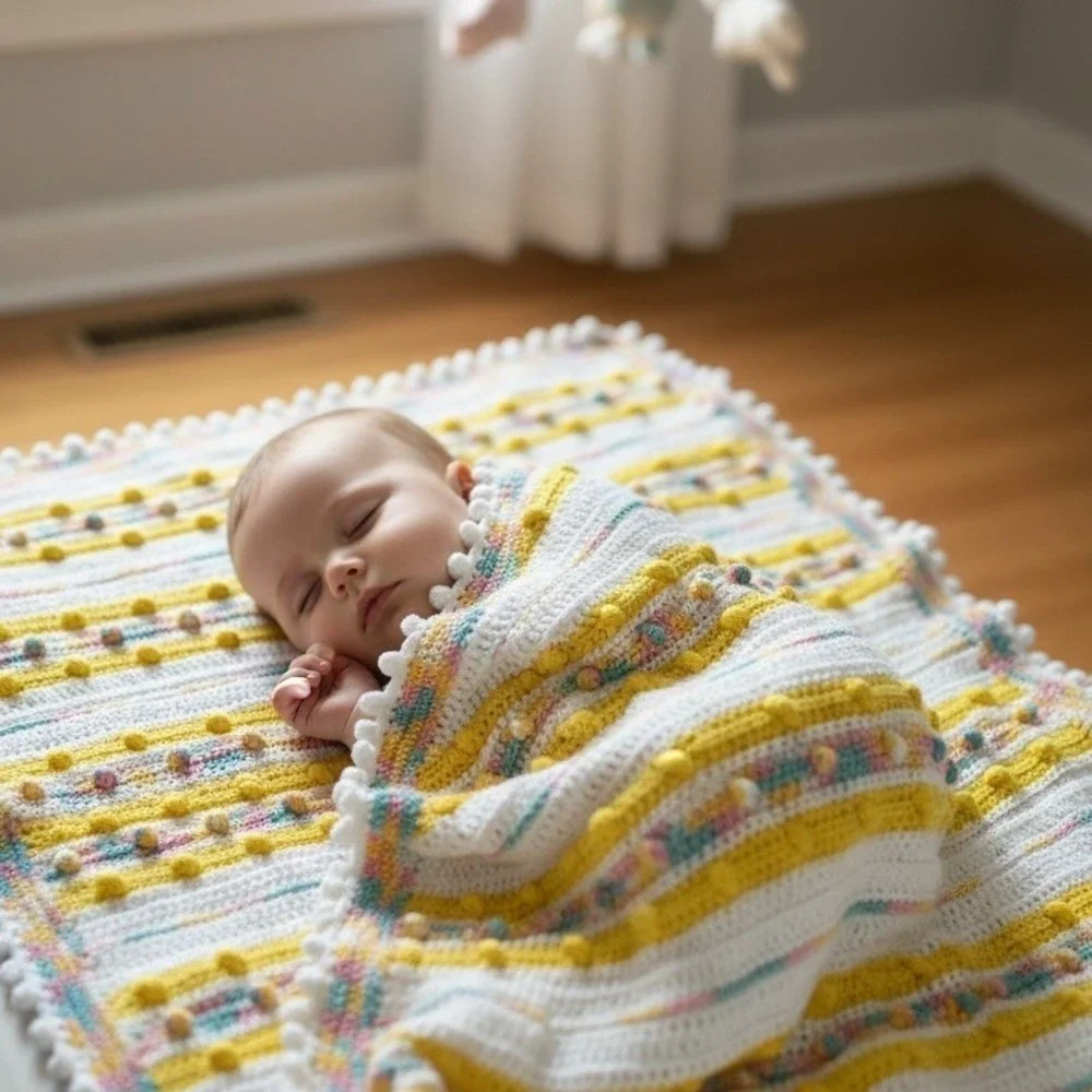 Little Duck Crochet Baby Blanket Pastel Stripe Bobble Pom‎ Pom Edge 36x36
