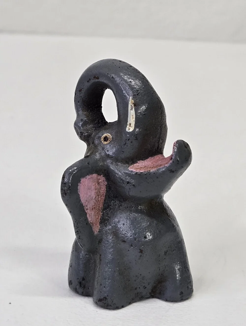 VTG Cast Iron Elephant Bottle Opener‎ Figural Paperweight Trunk Up Pink Mouth #4