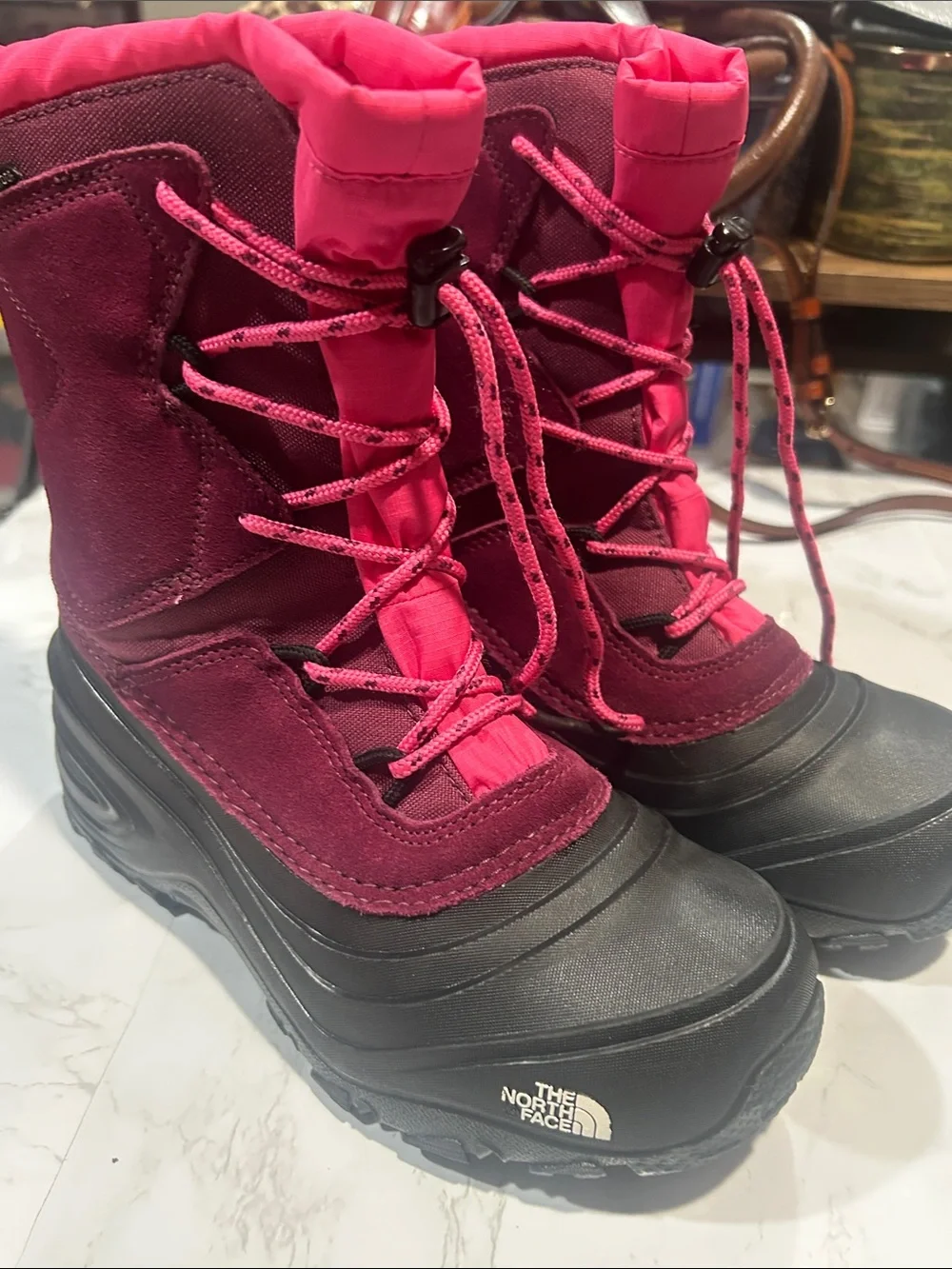 The North Face Kids Waterproof Snow Boots in Burgundy and Pink