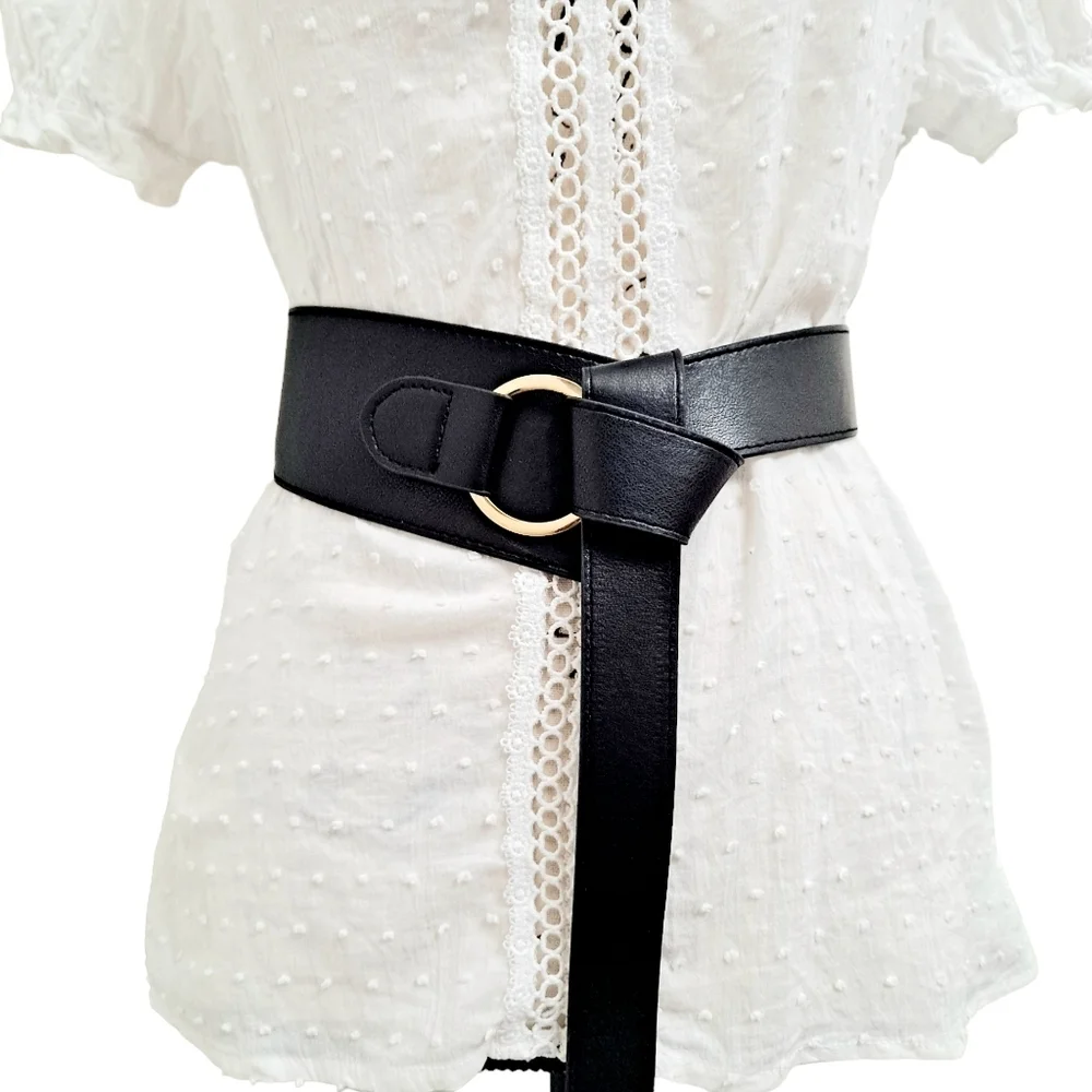 Black Wide Waist Belt with Gold Ring Accent