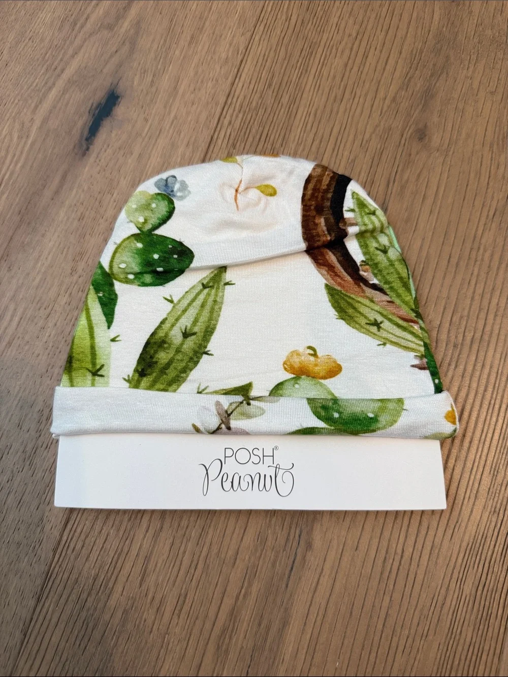 Posh Peanut White Beanie with Green Cactus Print