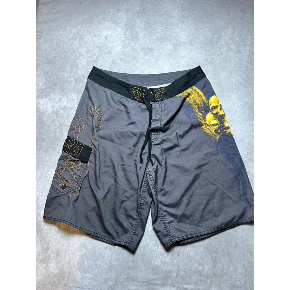 Crazy Shirt Board Shorts Mens 34 Gray Yellow Skull Wing Graphic Surf Trunks