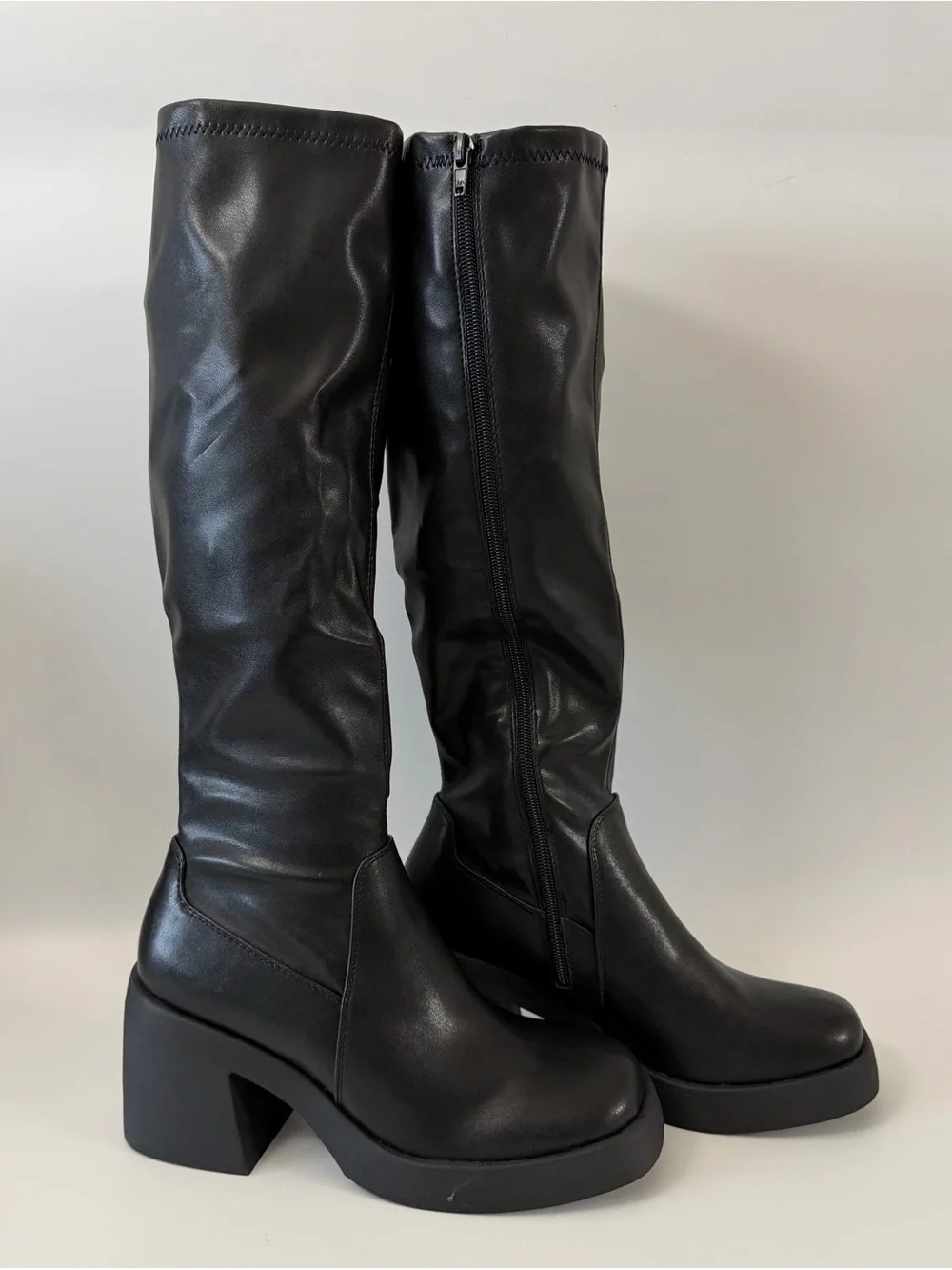 Madden NYC Black Knee High Boots Women Size 9 Block Heel Faux Leather