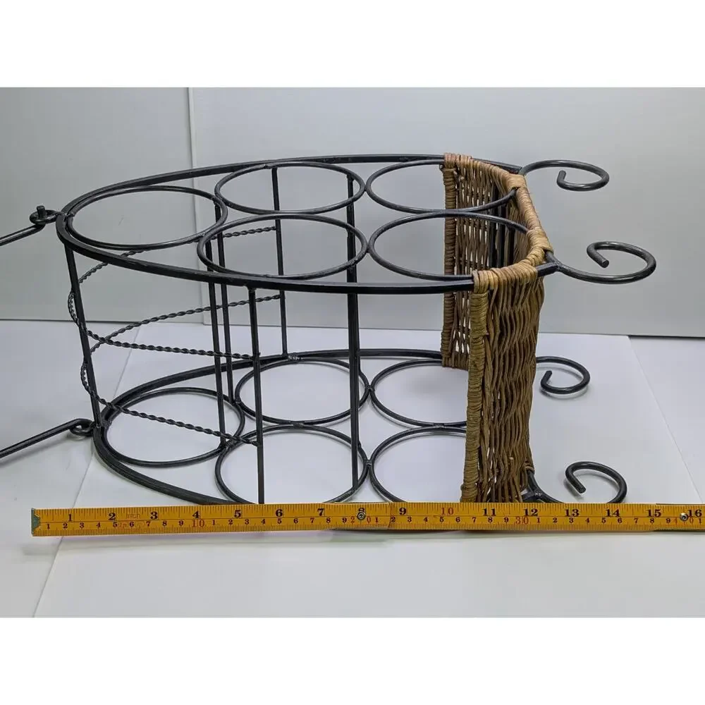 6 Bottle Wine Rack Black Metal Wicker Rattan Countertop Decorative Holder