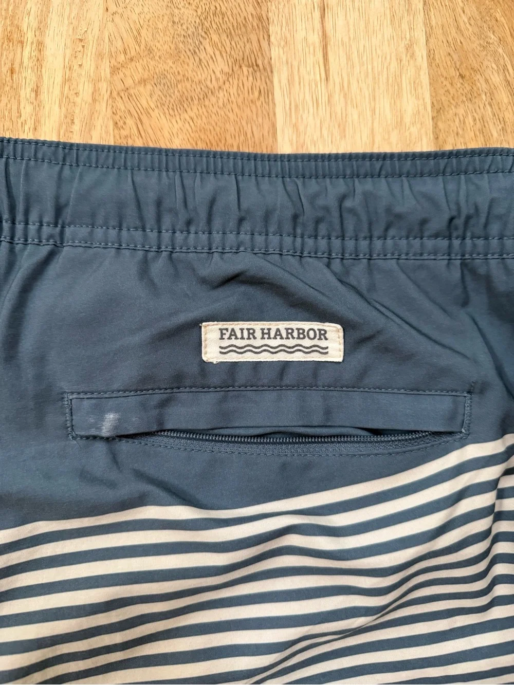 Fair Harbor Blue Swim Trunks with White Stripes