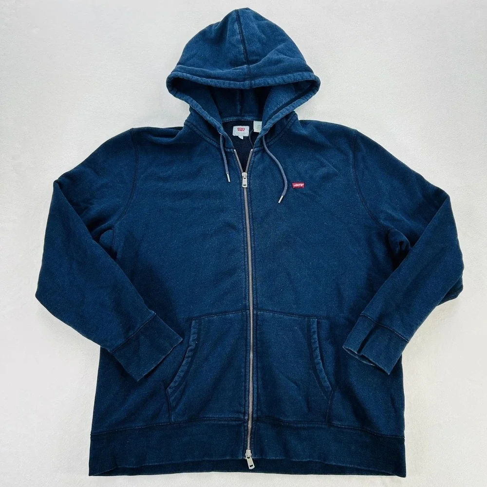 Levi's Hoodie Mens 2XL Blue Full Zip Fleece Sweatshirt Red Tab Logo Jacket