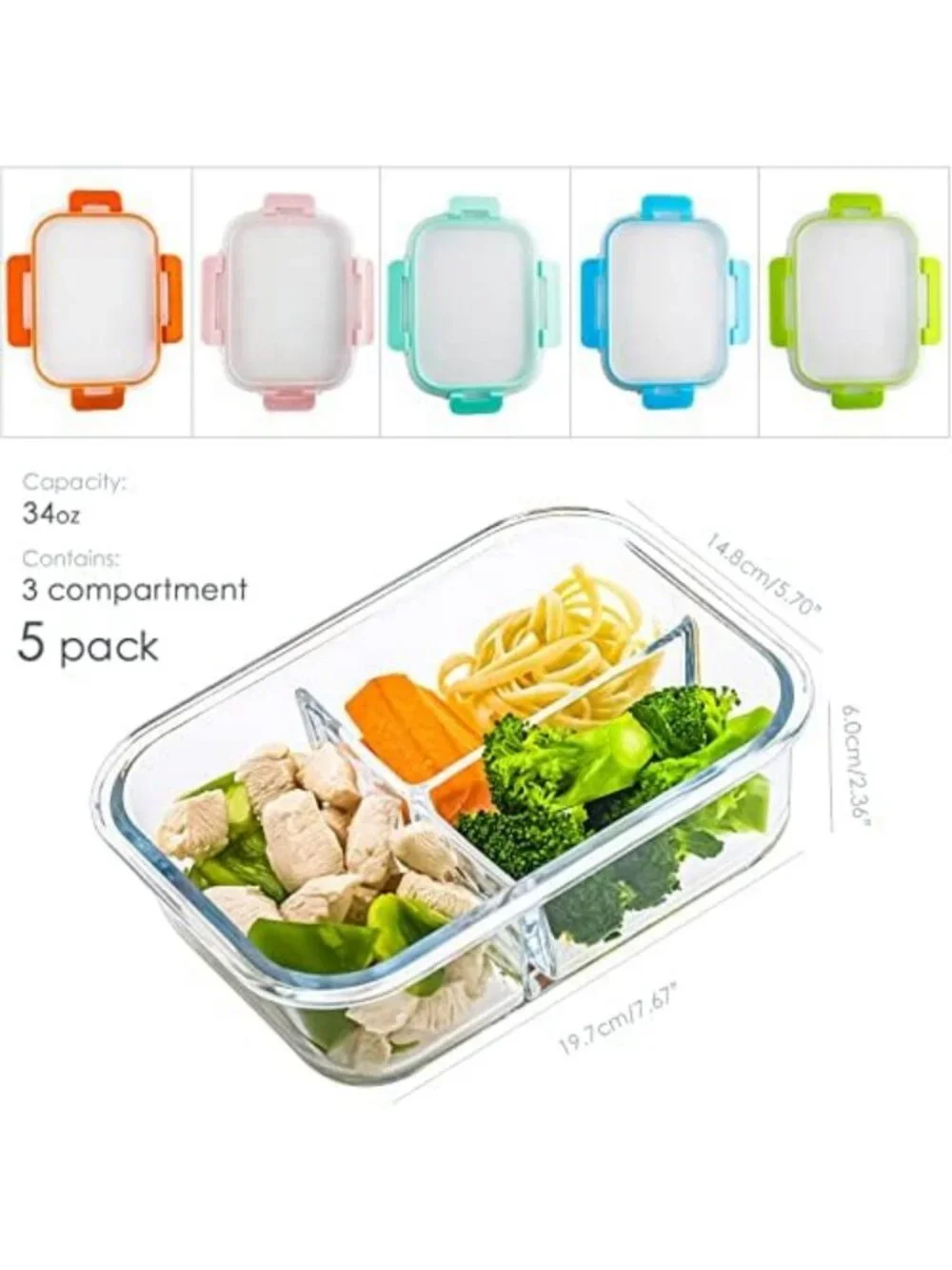 Glass Meal Prep Containers with Lids - 3 Compartment, 5 Pack, 36oz - BPA Free