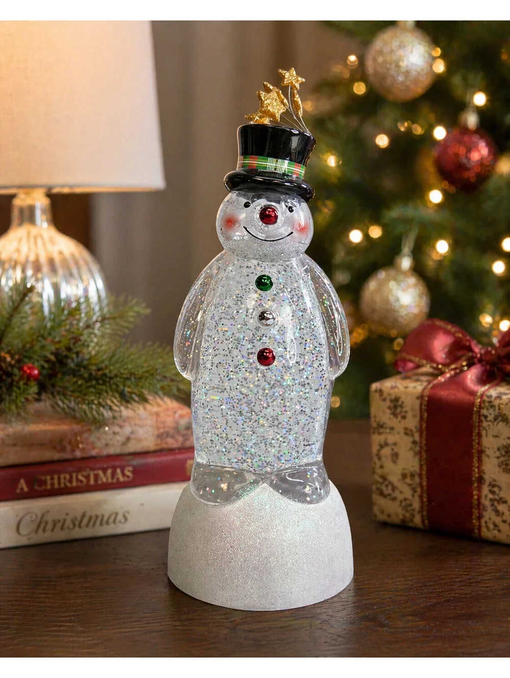 Vintage Animated Snowman Glitter Water Globe Light Up Self Shaking Xmas Decor