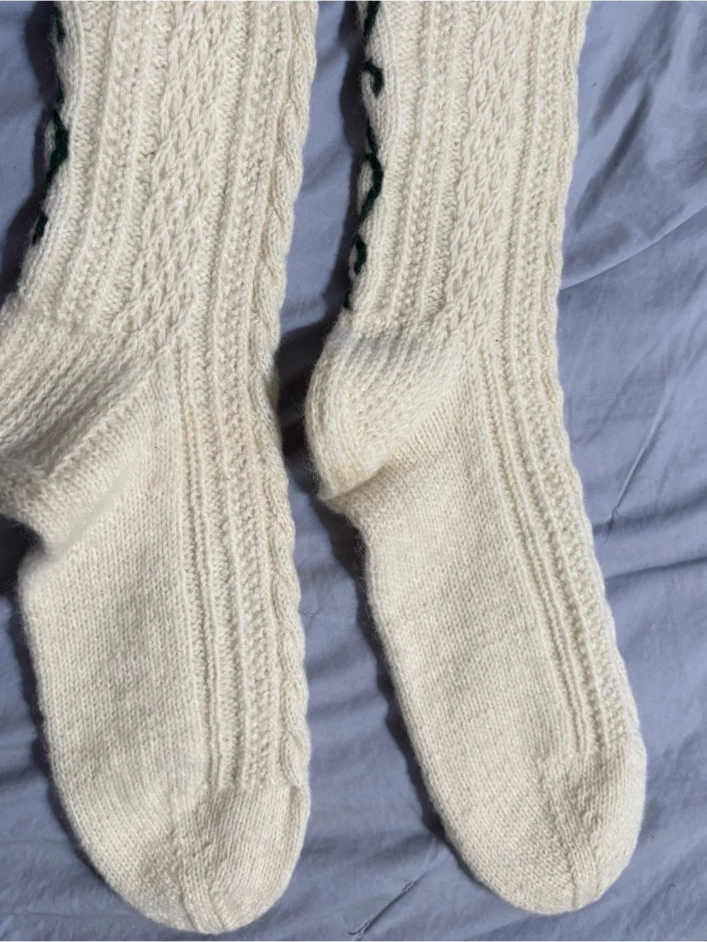 Cream Cable-Knit Arm Warmers with Dark Green Trim