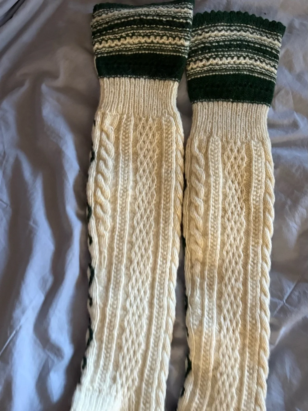 Cream Cable-Knit Arm Warmers with Dark Green Trim