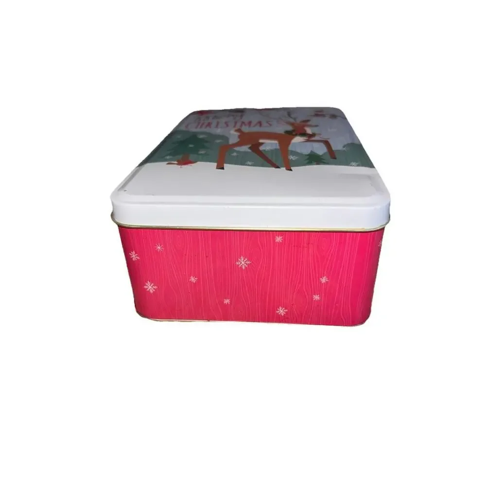 Vintage Style Reindeer Christmas Tin - Retro Woodland MCM Holiday Cookie‎ Box