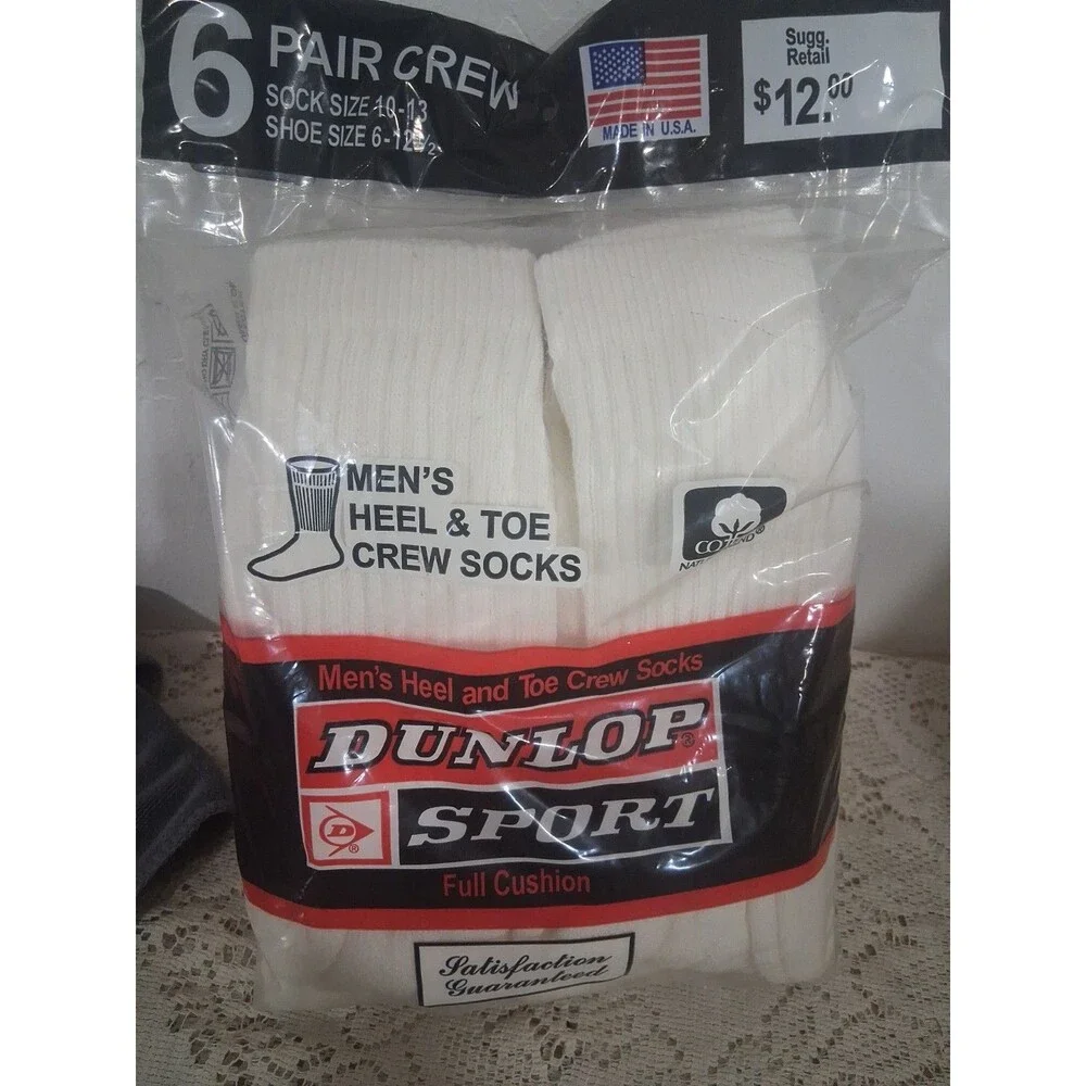 Vtg Cotton Blend Crew White Socks 6 PAIR White Sz 10-13 Dunlop USA Mens Sport