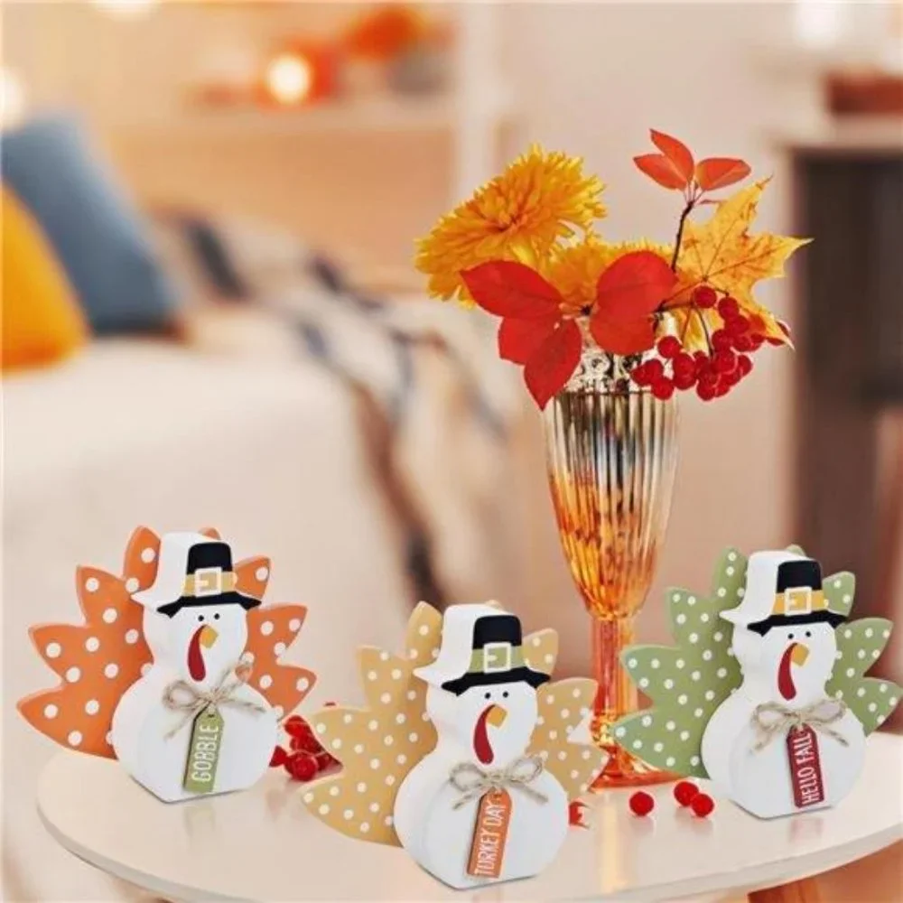 Thanksgiving Fall Decorations, Set of 3 Tabletop Turkey Decor‎ Wood Table Sign