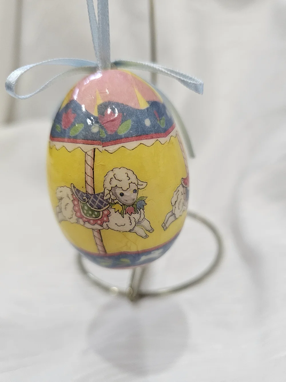 Vintage Paper Mache Yellow Lamb Carousel Hanging Easter Egg