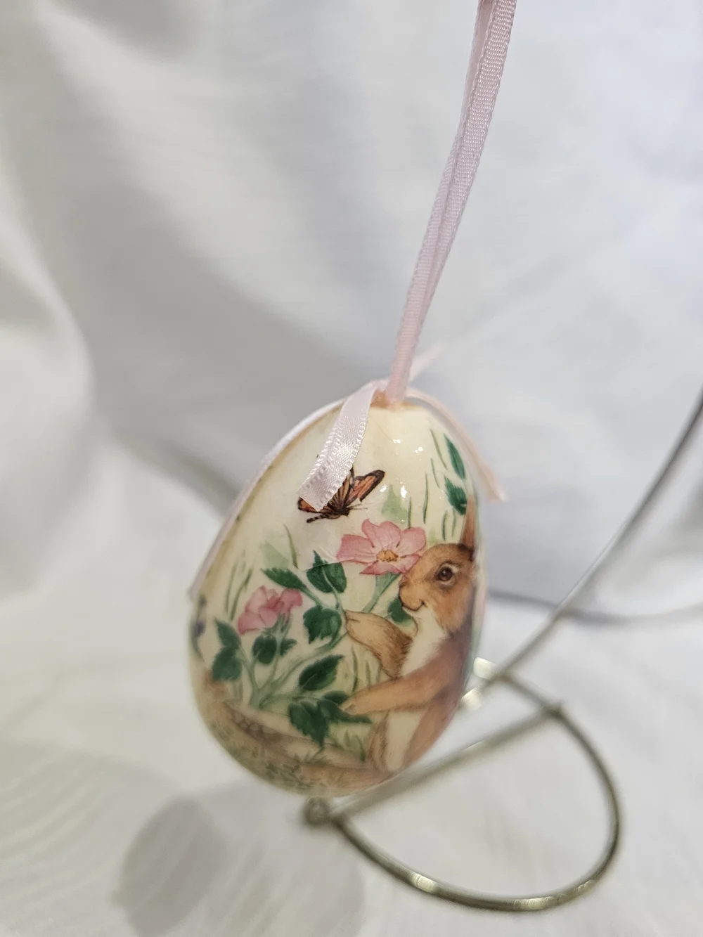 Vintage Paper Mache Bunny Floral Easter Hanging Egg Ornament - Pink Ribbon