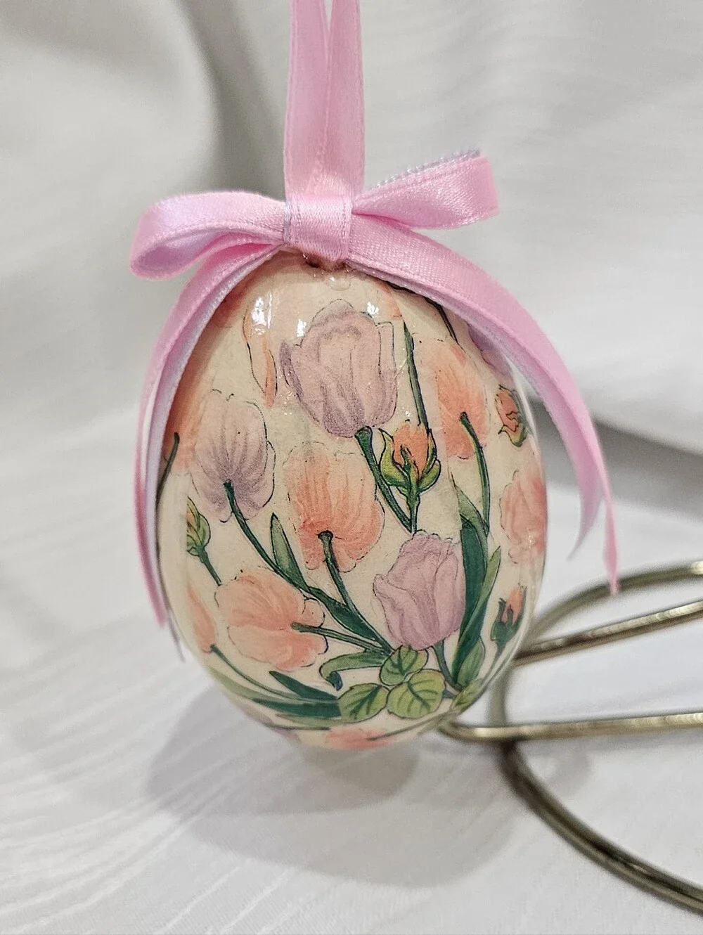 Vintage Paper Mache Floral Hanging Egg Ornament - Pinks