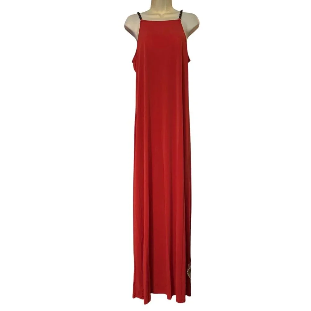 Michael‎ Kors DRK Persimmon red Maxi dress sz XL halter chain-strap pull-on new