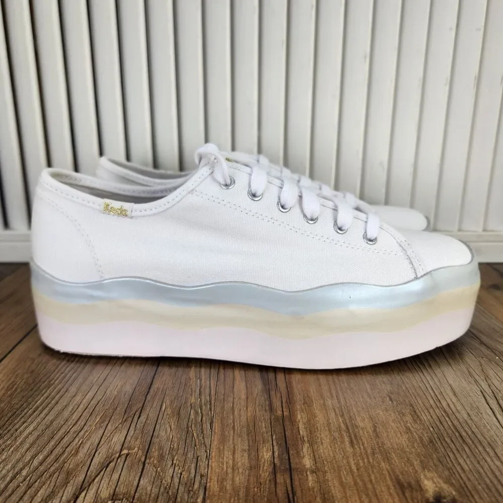 Keds Triple Up Canvas Wave Platform Shoes Womens Sz 7 M White Pastel Low WF66008
