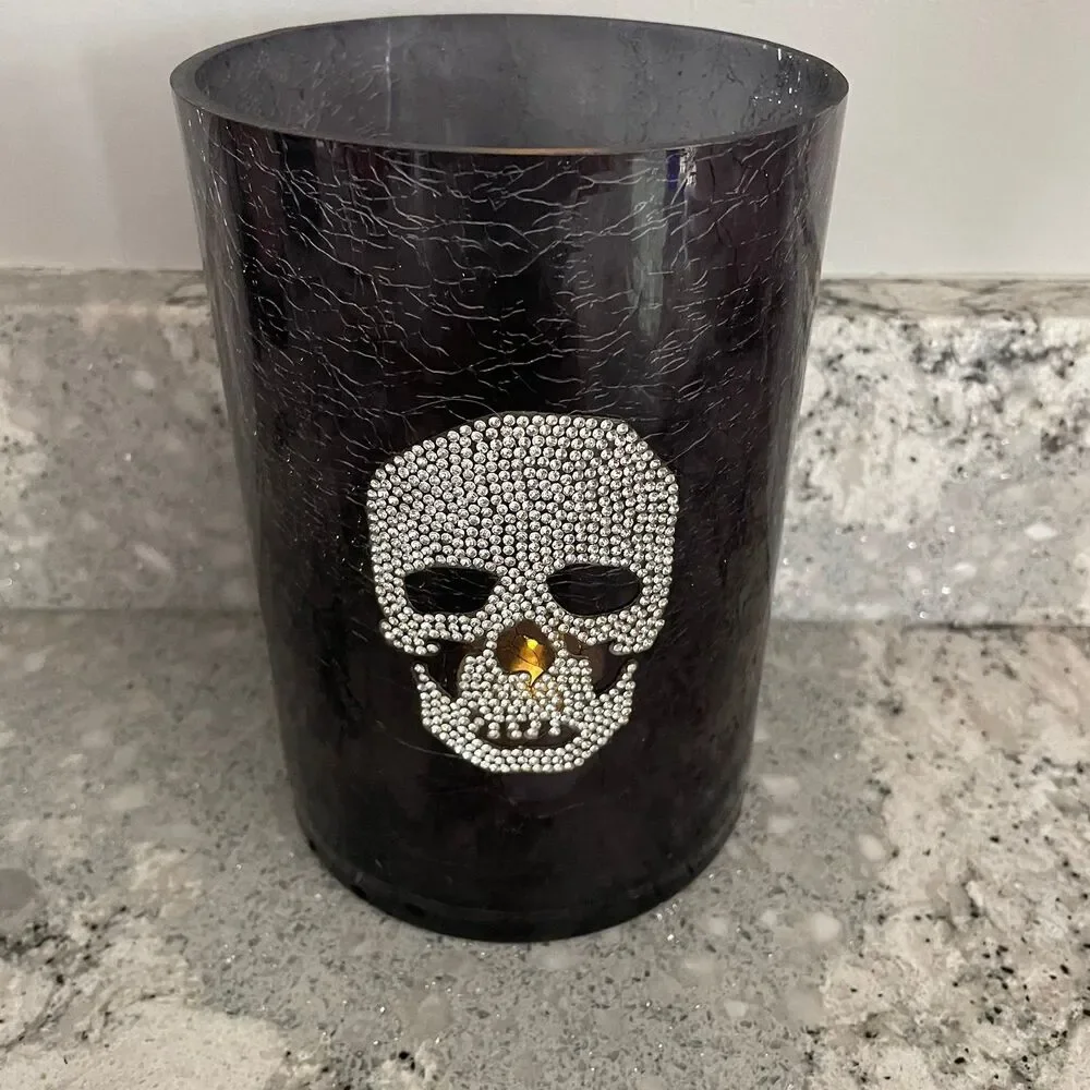 Yankee Candle Crackle Rhinestone Skull Halloween Glass Cylinder Candle Holder