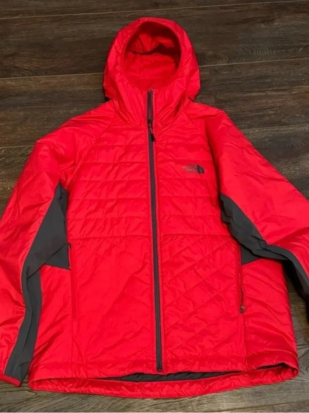 The North Face Red Hooded Puffer Jacket with Gray Panels