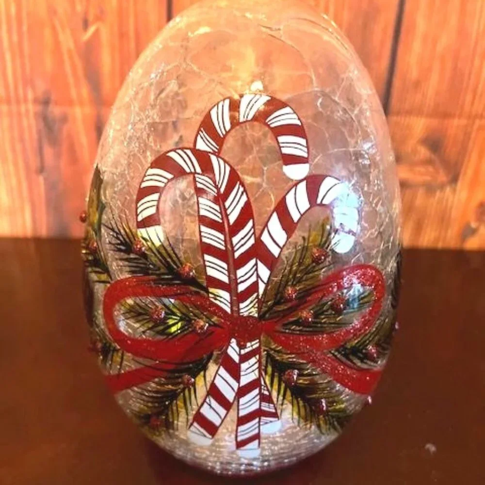 Cheerfull LED Light Up‎ Holiday Decor Candy Cane & Pinecone Crackle Glass Egg