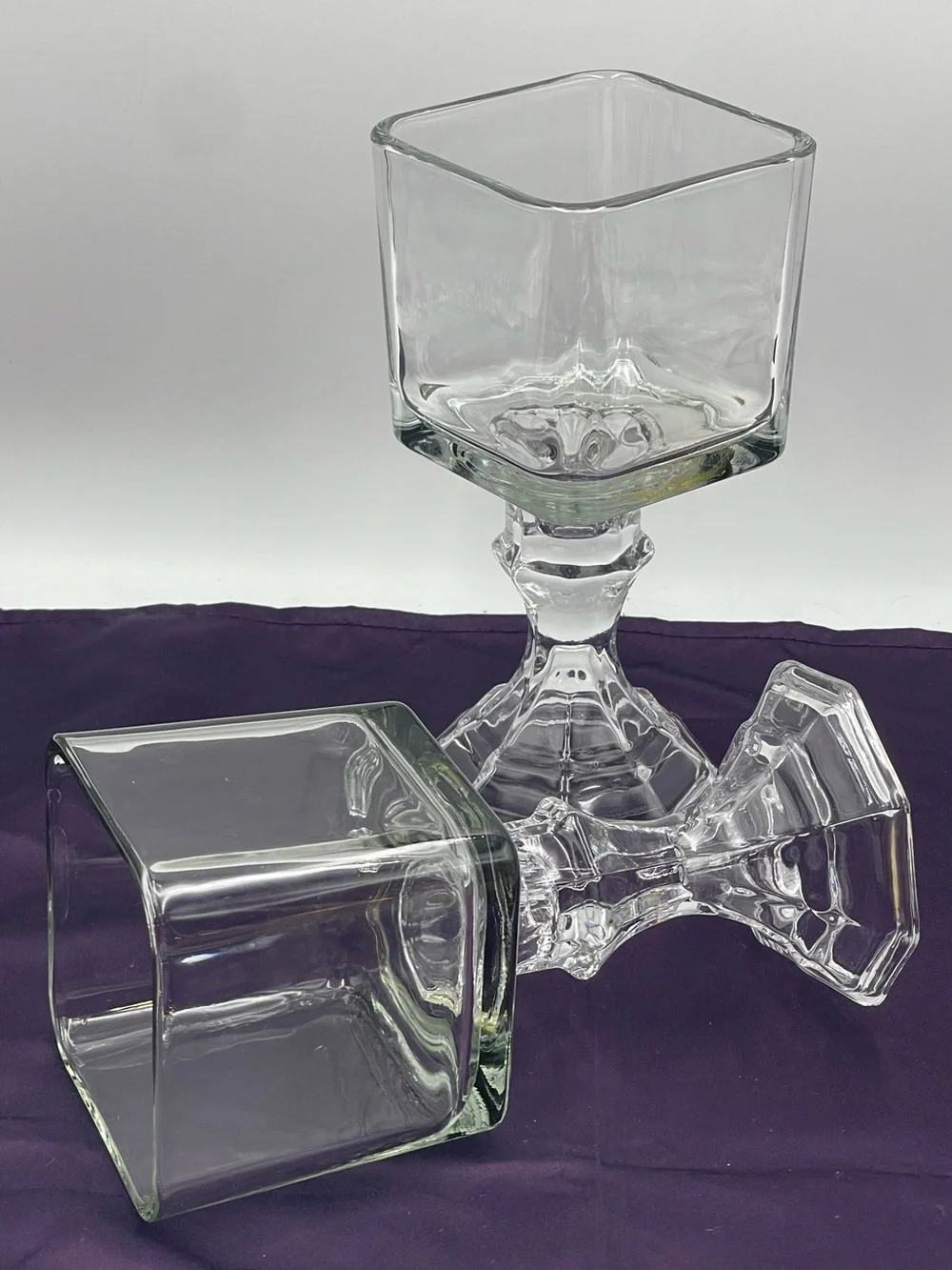 Vintage Pressed Glass Candle Holders Square Top Hexagonal Stem Pedestal Set of 2