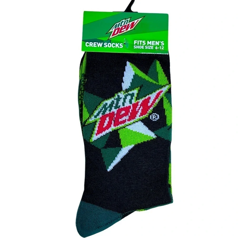 Socks Mountain Dew Novelty Crew Length Reinforced Black Green Unisex Men 6-12