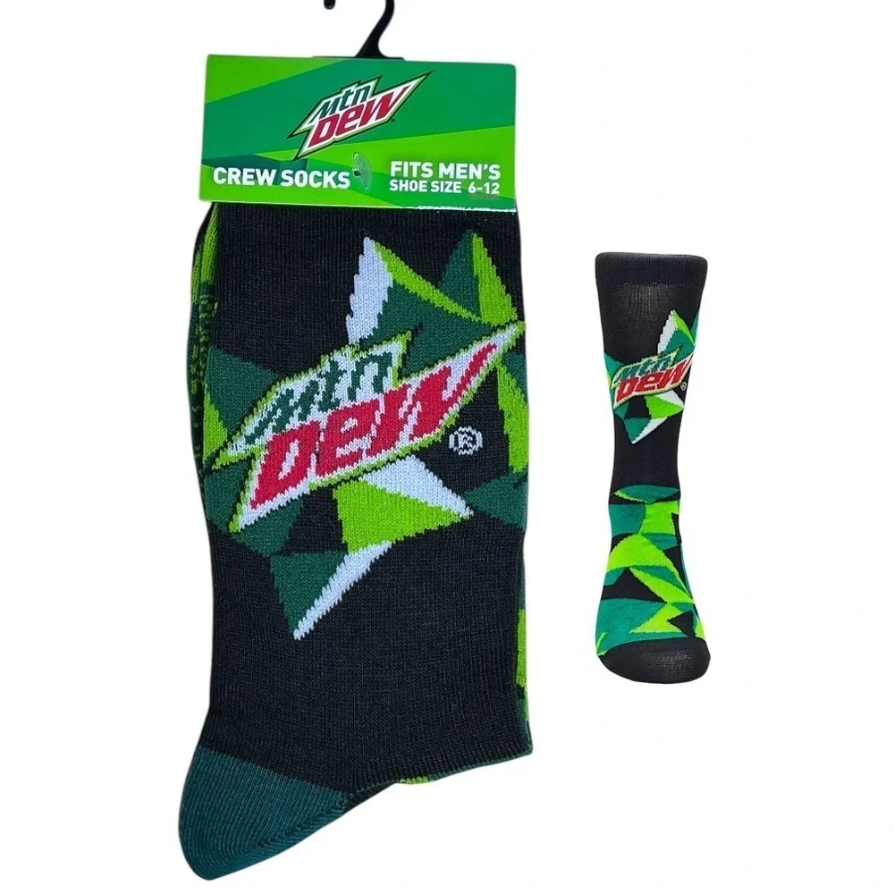 Socks Mountain Dew Novelty Crew Length Reinforced Black Green Unisex Men 6-12