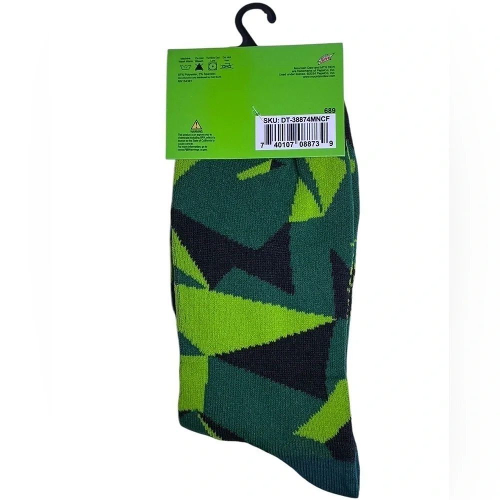 Socks Mountain Dew Novelty Crew Length Reinforced Black Green Unisex Men 6-12