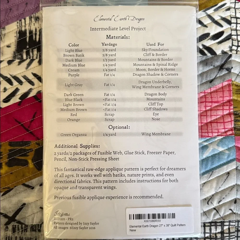 Elemental Earth Dragon Quilt Pattern Wallhanging Appliqué NWT by Izzyisms