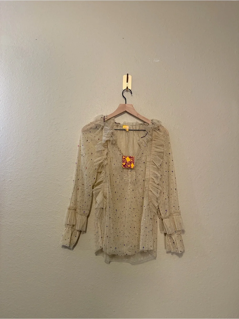 Monoplaza Sheer Ruffle Sequin Tulle Long Sleeve Top Size XS NWT