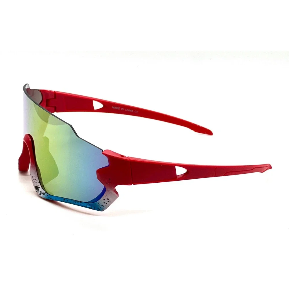 Mens Red Blue Splatter Shield Sunglasses Mirrored Gold Lens‎ Sporty Wrap Shades