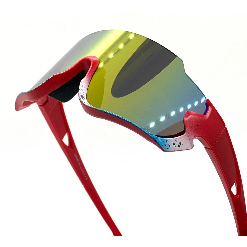 Mens Red Blue Splatter Shield Sunglasses Mirrored Gold Lens‎ Sporty Wrap Shades