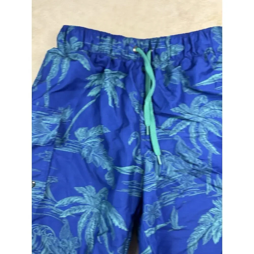 Outdoor Oasis Boys Husky 10/12 Blue Tropical Palm Swim Trunks Cargo
