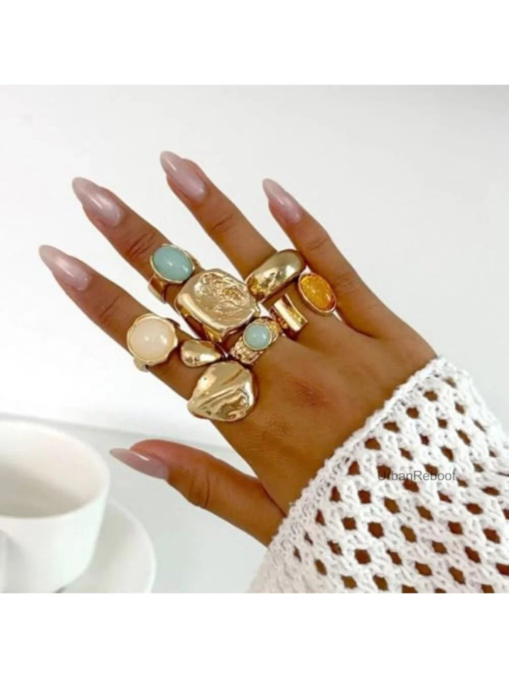 Chunky Gold Square Knuckle Ring Set Women Vintage Rhinestone Statement Stacking