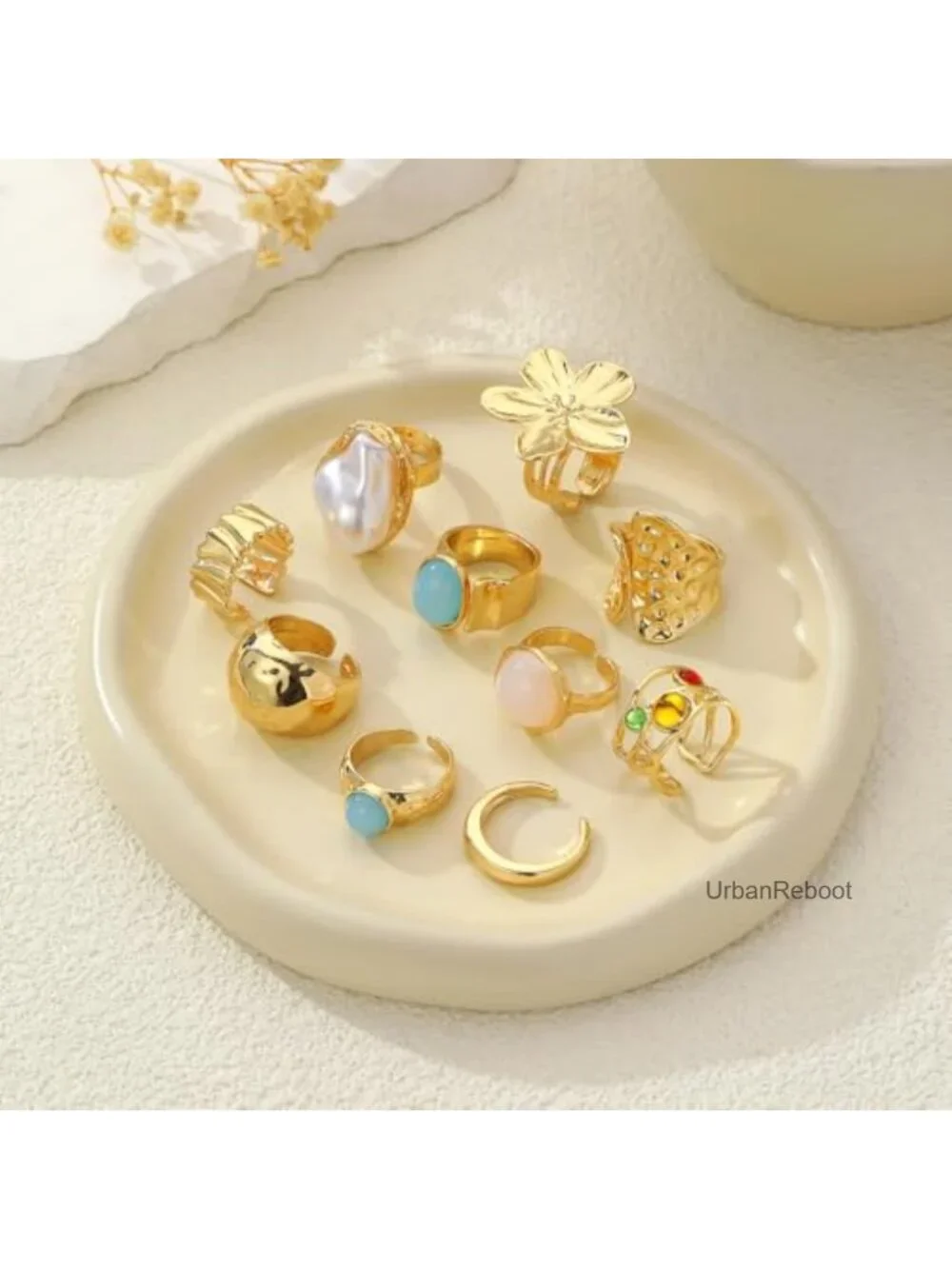 Chunky Gold Rings for Women Non Tarnish, Baroque Pearl Flower Tiger's Eye Stone
