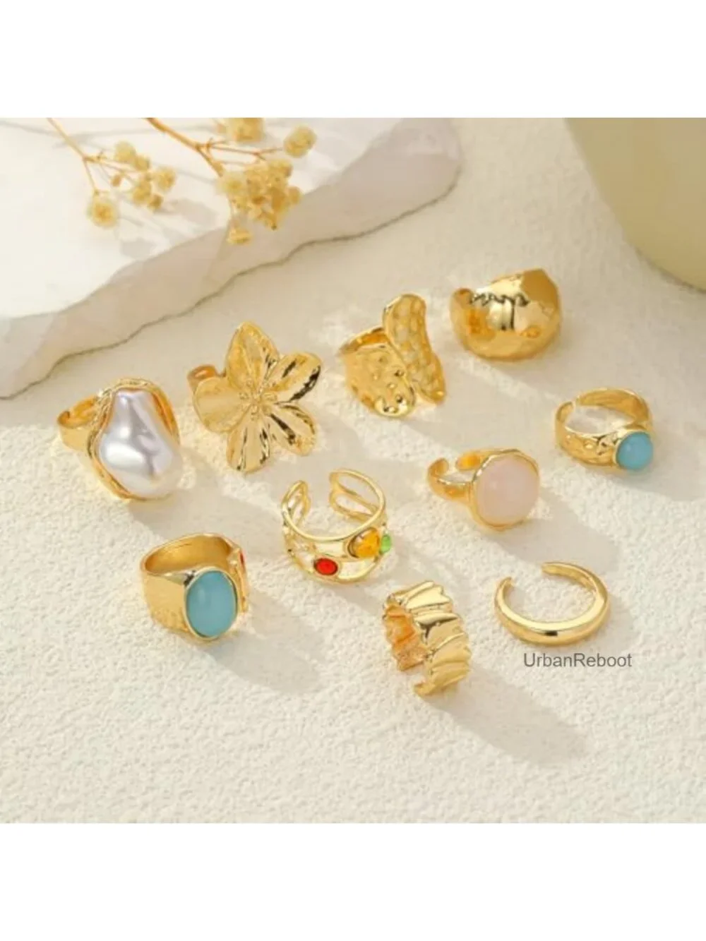 Chunky Gold Rings for Women Non Tarnish, Baroque Pearl Flower Tiger's Eye Stone