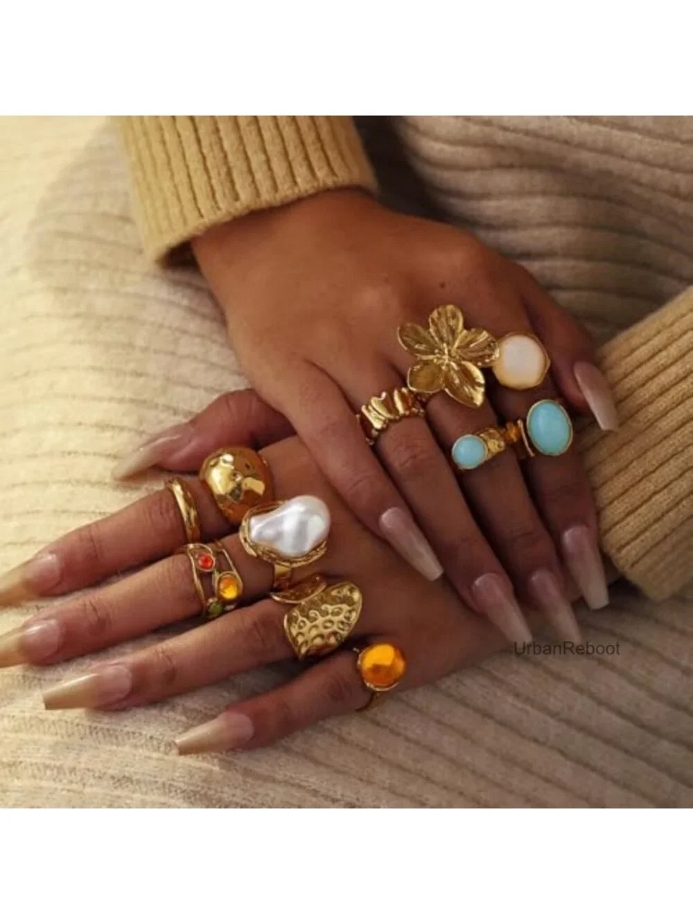 Chunky Gold Rings for Women Non Tarnish, Baroque Pearl Flower Tiger's Eye Stone